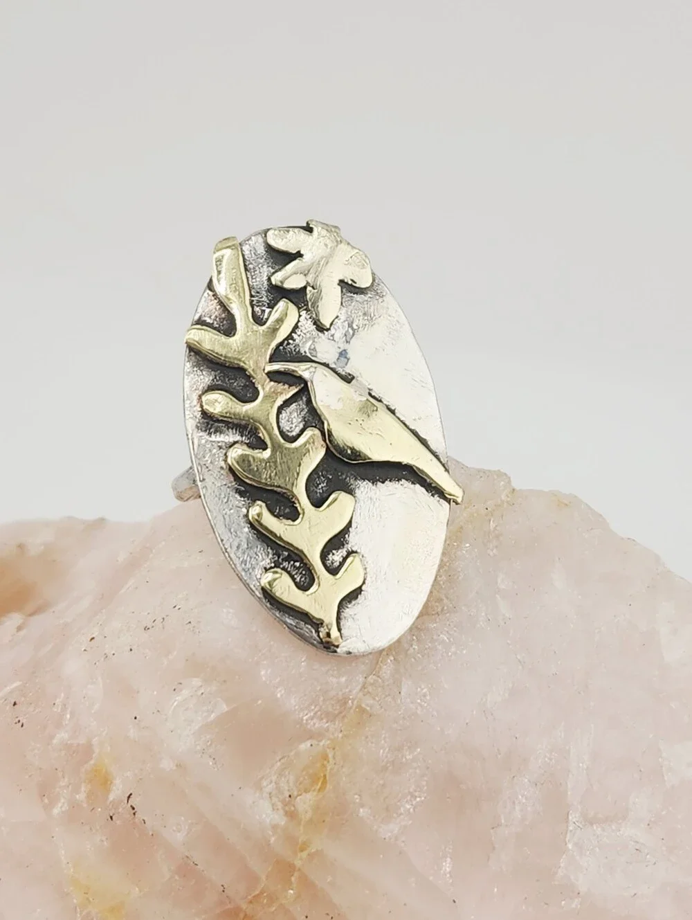 BOTANICAL ORGANIC STERLING SILVER & BRASS FLORAL RING HANDMADE SIZE 7